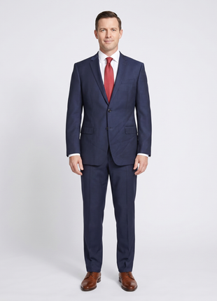 Versace Collection Mens Solid Navy Notch Lapel Classic Fit 2-Button Wool Silk Suit - 40L