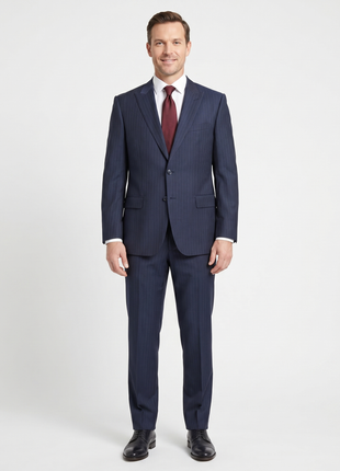 Versace Collection Mens Navy Multi-Pinstripe Peak Lapel Classic Fit 2-Button Wool Suit - 44R