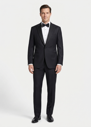 Brioni Mens Solid Black Fully-Canvassed Peak Lapel Classic Fit 1-Button Wool Tuxedo with Grosgrain Trim - 46L