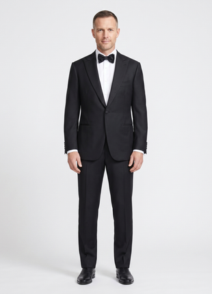 Brioni Mens Solid Black Fully-Canvassed Peak Lapel Classic Fit 1-Button Wool Tuxedo with Grosgrain Trim - 42R
