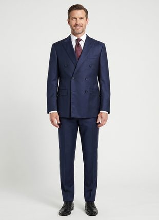 Corneliani Mens Solid Navy Blue Fully-Canvassed Peak Lapels Classic Fit Double Breasted Wool Suit - 40R