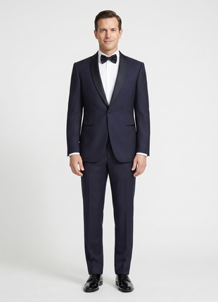 Canali Solid Midnight Blue With Black Satin Shawl Lapel Slim Fit 1-Button Wool Tuxedo 40R