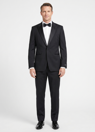 Hugo Boss Solid Black With Satin Peak Lapel Slim Fit Super 100’s Wool 1-Button Tuxedo 40R