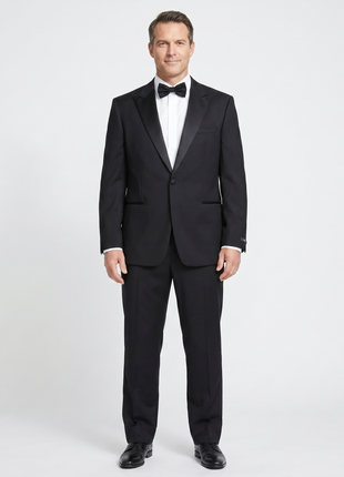 Hugo Boss Solid Black With Satin Peak Lapel Classic Fit Super 100’s Wool 1-Button Tuxedo 44L