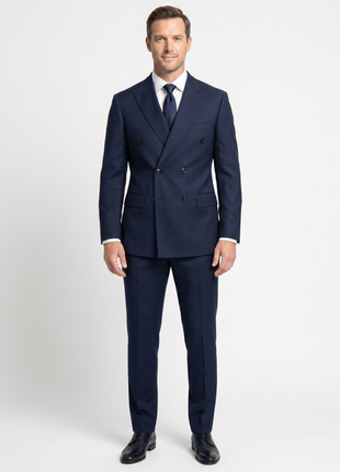 Centrion Mens Navy Textured Slim Fit Peak Lapel Wool Double-Breasted Suit