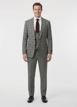 Mazara Mens Black & White Plaid Classic Fit Peak Lapels 3-Piece Wool Suit