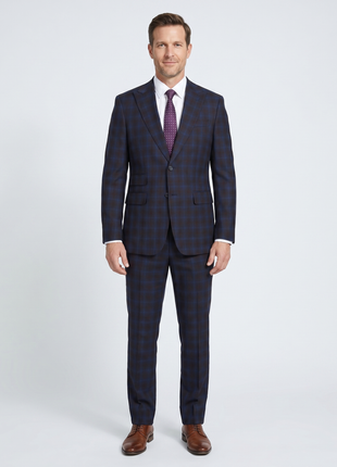 English Laundry Mens Navy with Brown Check Slim Fit Peak Lapel 2 Button Stretch Suit