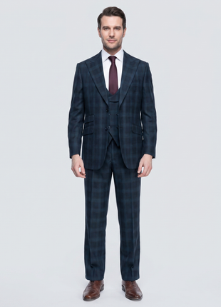 Canuti By Steven Land Mens Navy Blue Plaid 3 Piece Suit With Peak Lapels