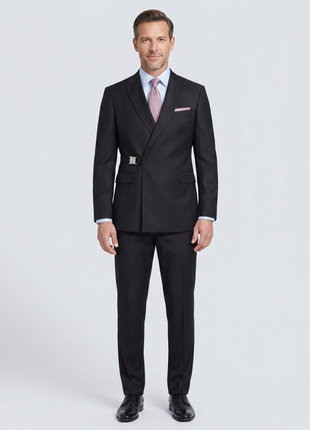 Pierre Carlos Solid Black Slim Fit Double Breasted Stretch Suit with Buckle Closure