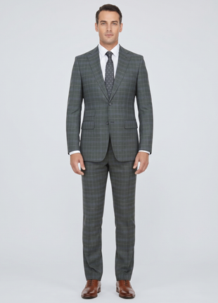 English Laundry Gray With Blue Windowpane Slim Fit Peak Lapel 2 Button Stretch Suit
