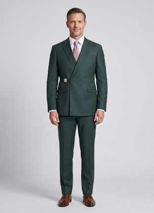 Pierre Carlos Solid Green Slim Fit Double Breasted Stretch Suit with Buckle Closure