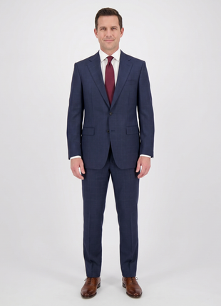 Napoli Slim Fit Navy Blue Plaid Windowpane Two Button Half Canvassed Wool Suit - The Suit Depot
