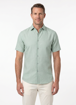 Suslo Couture Green Cotton Linen Blend Slim Fit Button-Up Spread Collar Casual Shirt