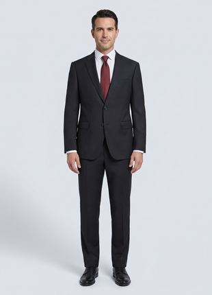 Armani Collezioni M-Line Solid Black Notch Lapel Modern Fit 2 Button Wool Suit 46R