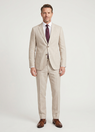 Pierre Carlos Pinstriped Beige Slim Fit Stretch Linen Suit with Drawstring Waist