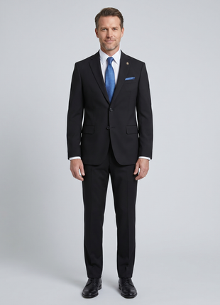 Romaster Mens Solid Black Notch Lapel Slim Fit Stretch Wool Blend suit