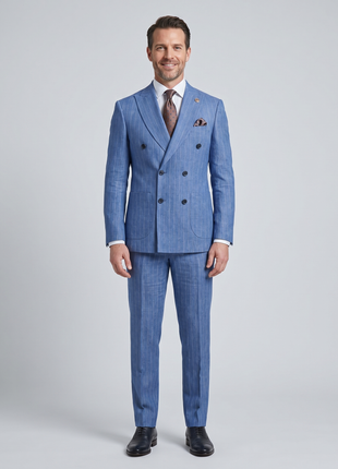 Romaster Mens Slim Fit Blue Pinstriped Double Breasted Linen Blend 2 Piece Suit