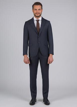 Di'nucci Slim Fit Navy With Blue Stripe Peak Lapel Wool Blend Suit