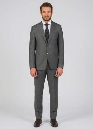 Di'nucci Slim Fit Light Gray With Brown Windowpane Peak Lapel Wool Blend Suit