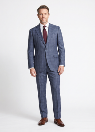 Blujacket Mens Blue Plaid Slim Fit Guabello Wool Silk 2 Button Suit - The Suit Depot