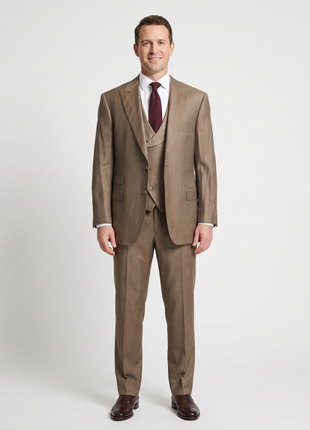 Apollo King Mens Camel Tan Classic Fit  Peak Lapels Wool 3 Piece Suit