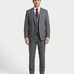 West End Gray Plaid  Wool Slim Fit  Notch Lapel 3 Piece Suit - The Suit Depot
