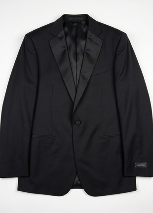 Ermenegildo Zegna Solid Black Satin Notch Lapel Slim Fit 1-Button Wool Tuxedo - 44L