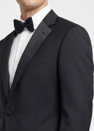 Ermenegildo Zegna Solid Black Satin Notch Lapel Slim Fit 1-Button Wool Tuxedo - 44L