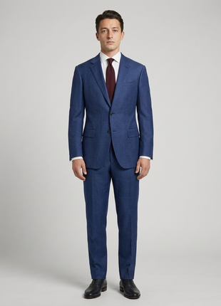 Ermenegildo Zegna Mens Blue Textured Notch Lapel Slim Fit 2-Button Wool Linen Silk Suit - 44L