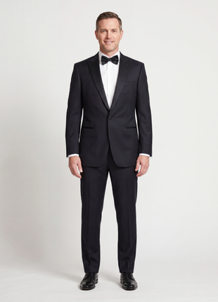 Z Zegna Solid Black Satin Peak Lapel Classic Fit 1-Button Wool Tuxedo - 44L