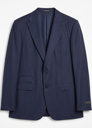 Ermenegildo Zegna Mens Navy Blue Pinstripe Peak Lapel Slim Fit 2-Button Wool Silk Suit - 44L