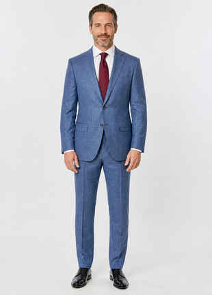 Ermenegildo Zegna Trofeo Mens Blue Crosshatch Textured Notch Lapel Classic Fit 2-Button Wool Linen Silk Suit - 42L