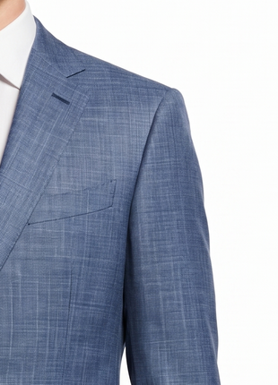 Ermenegildo Zegna Trofeo Mens Blue Crosshatch Textured Notch Lapel Classic Fit 2-Button Wool Linen Silk Suit - 42L