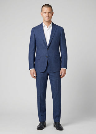 Brunello Cucinelli Mens Blue Heathered Textured Notch Lapel Slim Fit 3-Button Wool Blend Suit with Ticket Pocket  - 44L