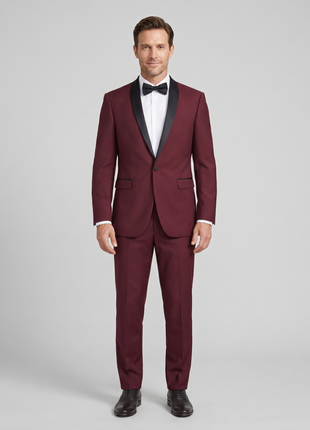 Raphael Solid Burgundy Slim Fit With Black Satin Shawl Lapels Tuxedo Suit - The Suit Depot