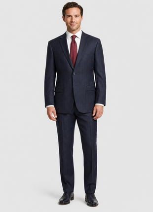 Label M Mens Navy Blue Pinstriped Regular Fit 100% Wool 2 Button Suit - The Suit Depot