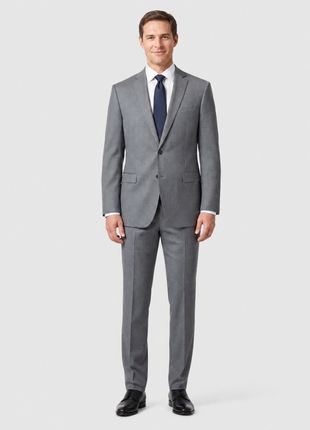 Blujacket Mens Solid Gray Trim Fit Notch Lapel Marzotto Wool 2-Button Suit - The Suit Depot