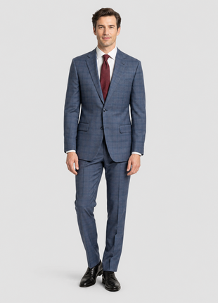 Italiano Blue Plaid Wool Slim Fit  Notch Lapel 2 Button Suit - The Suit Depot