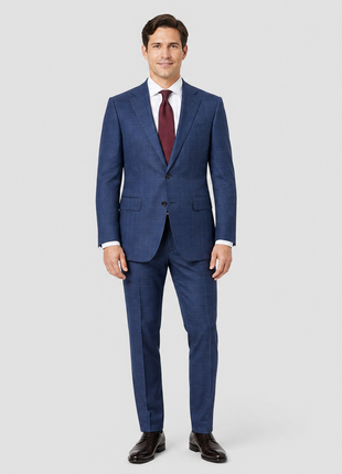 Sartoria Mazara Blue Plaid Windowpane Slim Fit Notch Lapel Wool 2-Button Suit