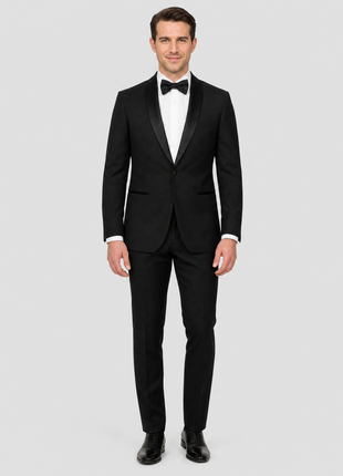 Label E Solid Black One Button 100% Wool Tuxedo Suit With Satin Shawl Lapels