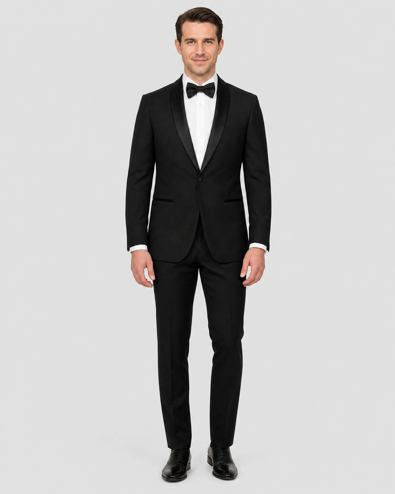 Label E Solid Black One Button 100% Wool Tuxedo Suit With Satin