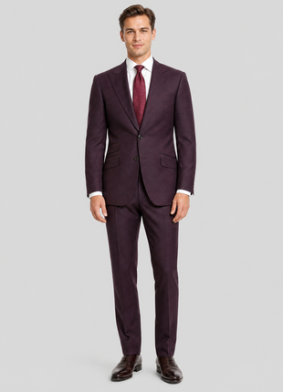 Sartoria Mazara Solid Burgundy Wool Peak Lapels Slim Fit 2 Button Suit