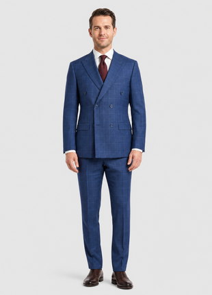 Label M  Blue Check Wool Classic Fit Peak Lapel Double Breasted Suit