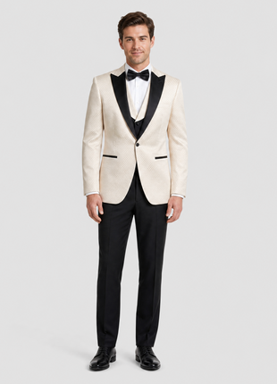 Vitali Mens Champagne Textured Slim Fit Peak Lapel 3 Piece Tuxedo Suit - The Suit Depot