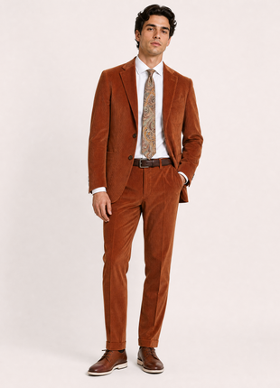 Andrea Borghi Mens Burnt Orange Corduroy Notch Lapel Slim Fit 3-button Cotton Suit - 44R