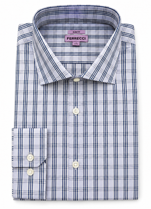 Ferrecci Light Blue Plaid Slim Fit Spread Collar Cotton Dress Shirt