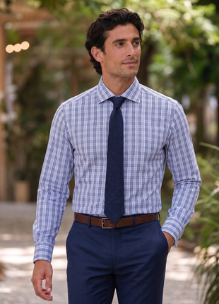 Ferrecci Light Blue Plaid Slim Fit Spread Collar Cotton Dress Shirt