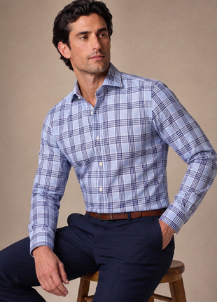 Ferrecci Light Blue Plaid Slim Fit Spread Collar Cotton Dress Shirt
