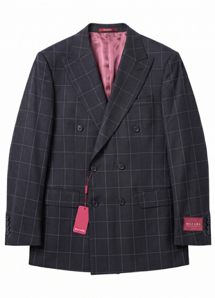 Mazara Mens Black With Gray Windowpane Classic Fit Double-Breasted Wool Suit