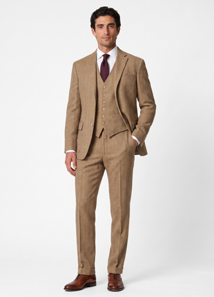 Polo Ralph Lauren Mens Light Brown Twill Tweed Notch Lapel Custom Fit 3-Piece Linen Wool Suit - 40L